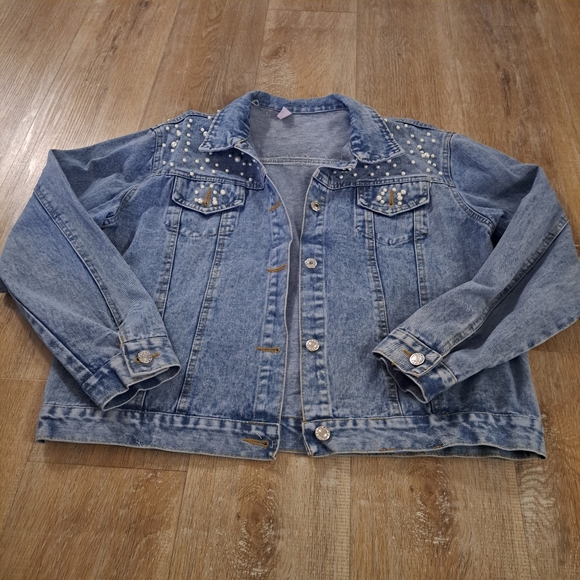 Jackets & Blazers - Blue Denim Jacket White Pearl Studs Women's Jacket NWOT